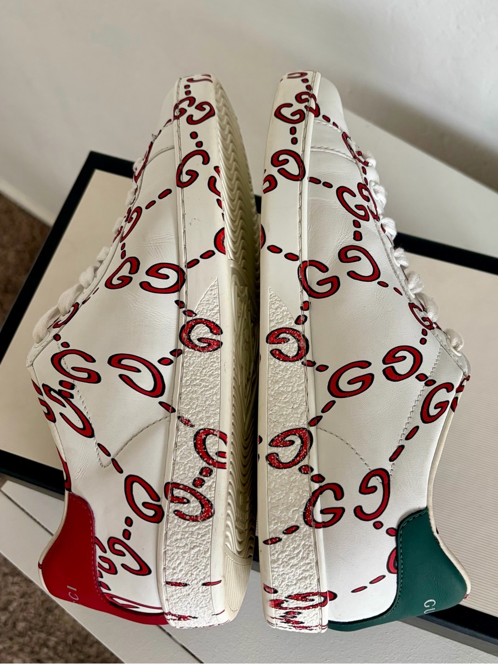 Gucci White Leather Sneakers with Red GG Motif and Green Heel Tab - Picture 6 of 11